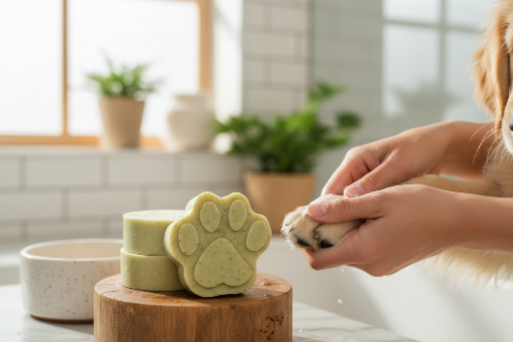 Golden Retriever's paw being hand washed with Pet Care Bundle – Artisan Soaps for Dogs & Cats.