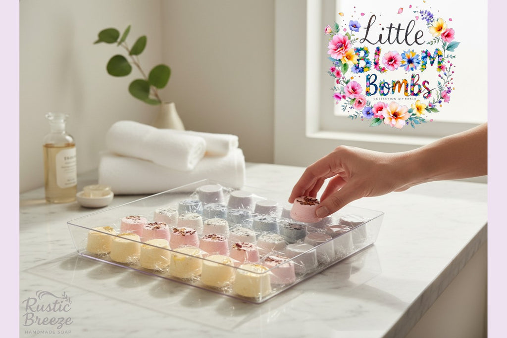 A hand picks Little Bloom Bombs, Rustic Breeze on counter, LadyCare Glow