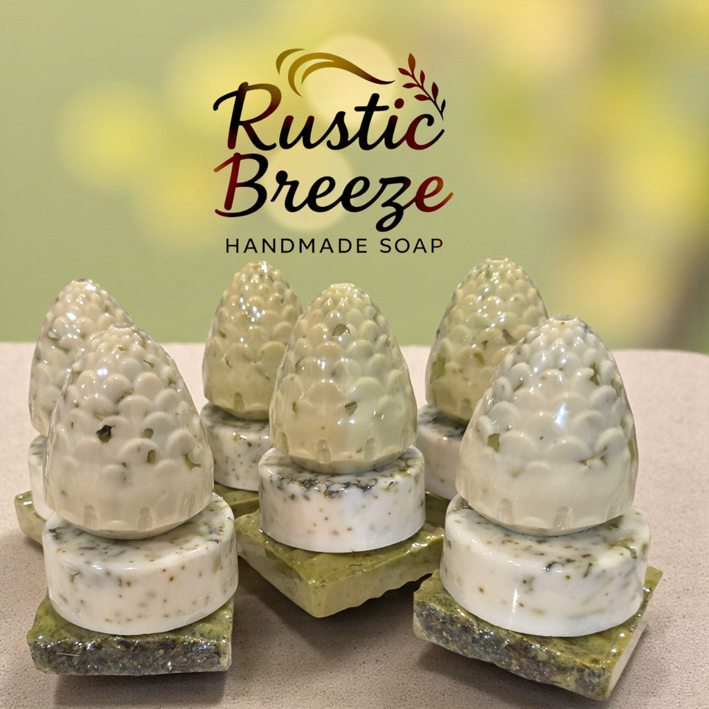 Rustic Breeze handmade soap, pinecone shaped bars, Gentle • Calming • Nourishing, on display.