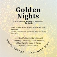 Golden Nights soap label by Kara, Rustic Breeze handmade soap. Warm cream, soft honey.