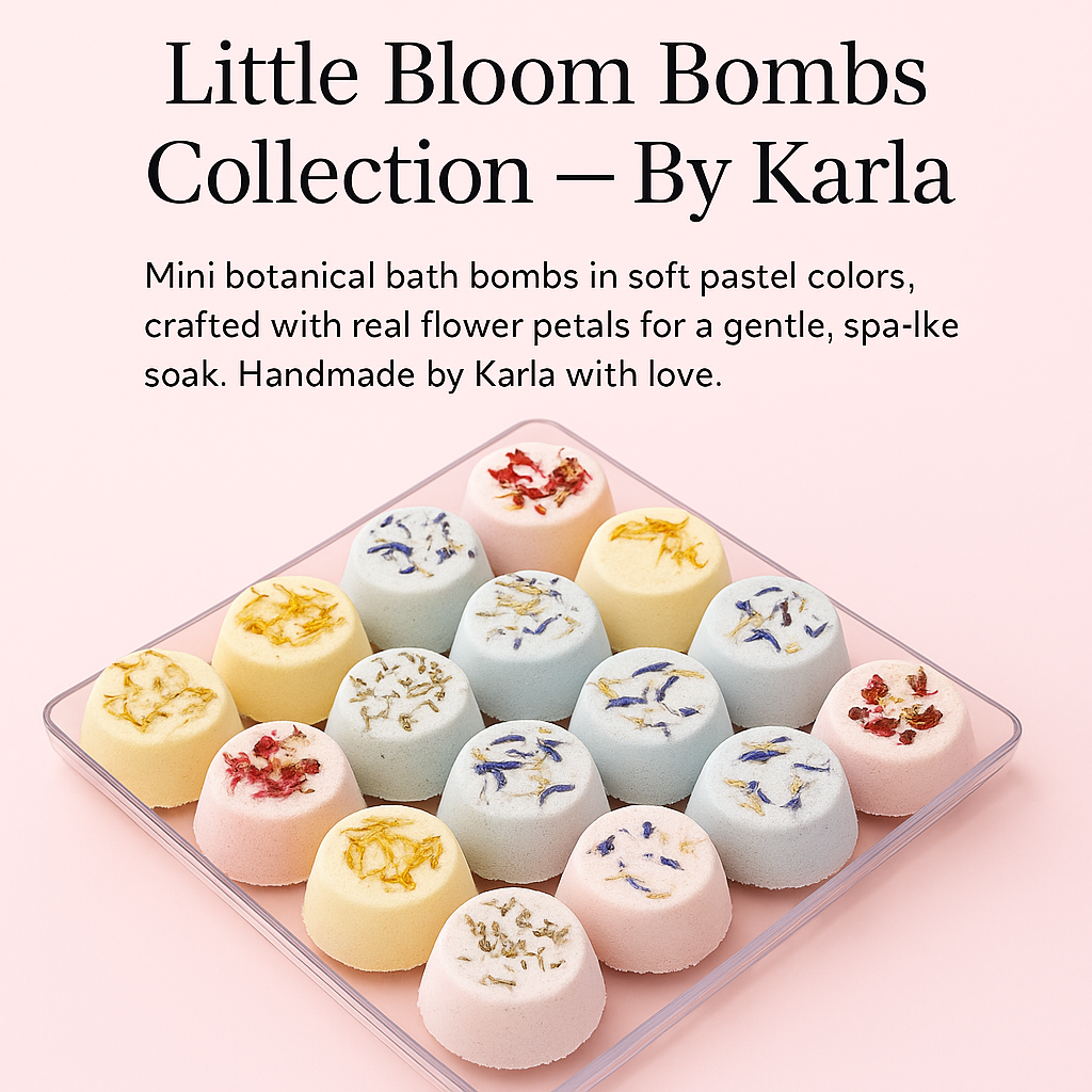 Little Bloom Bombs Collection by Karla: Pastel-colored bath bombs with flower petals.