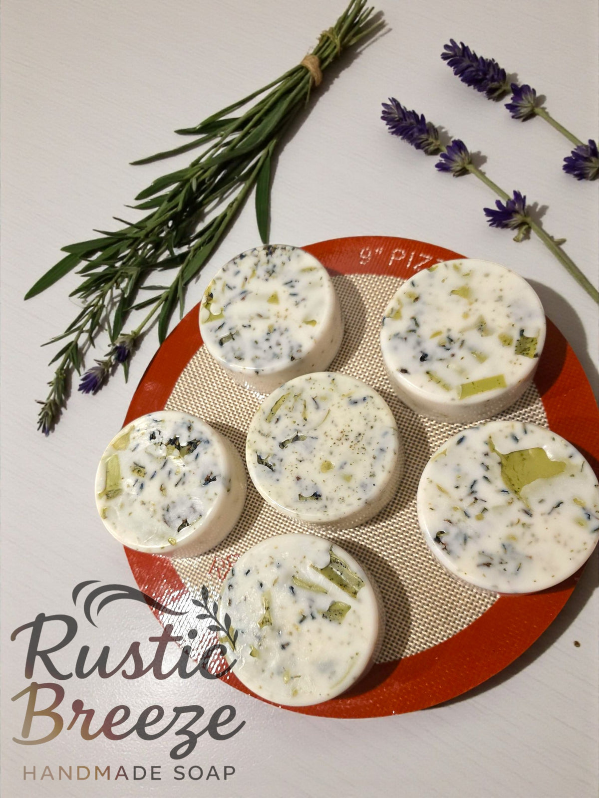 Rustic Breeze Handmade Soap, six round soaps with herbs and lavender LadyCare Glow
