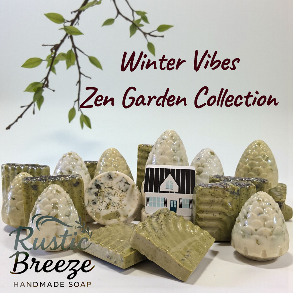 Rustic Breeze handmade soap display with Winter Vibes Zen Garden Collection