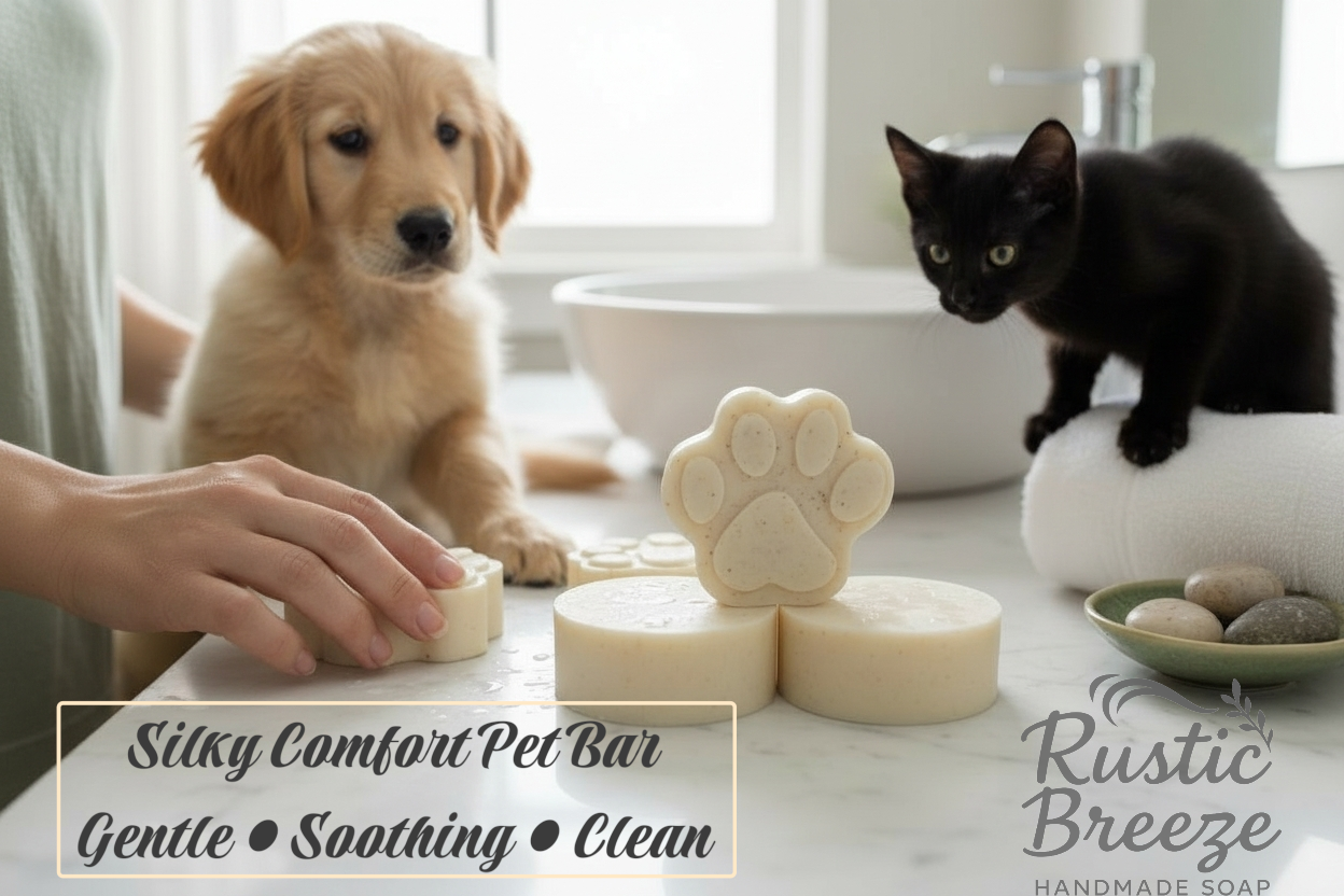 Golden Retriever puppy and black cat with Silky Comfort Pet Bar. Gentle. Soothing. Clean. Pet Care Bundle – Artisan Soaps for
