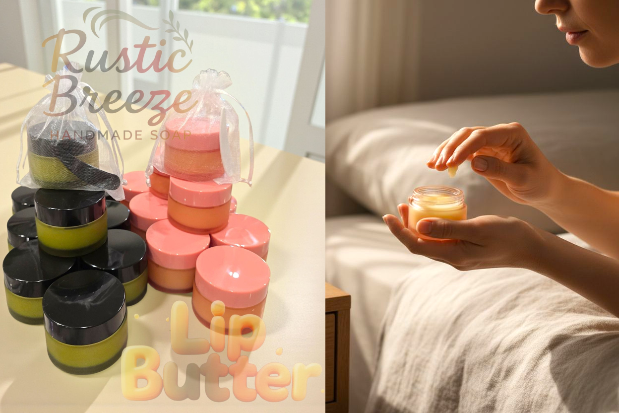 Rustic Breeze Lip Butter handmade soap product with lip balm and use.