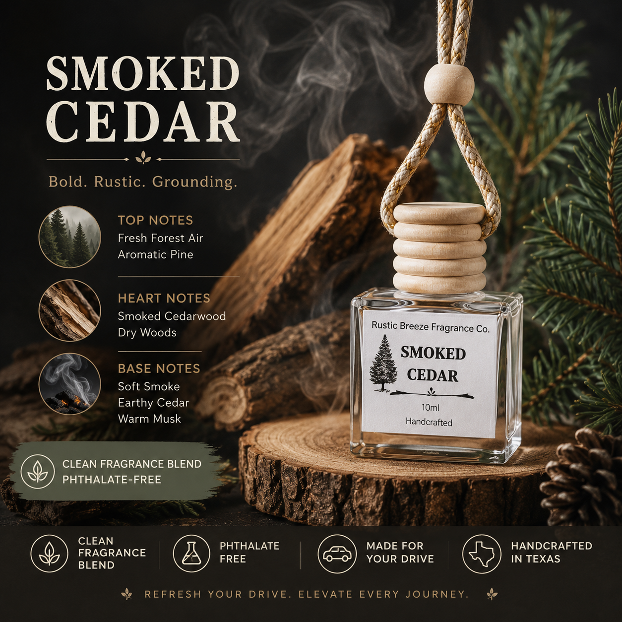 Smoked Cedar Car Diffuser 10 ml | Hanging Cedarwood Car Freshener | Handcrafted