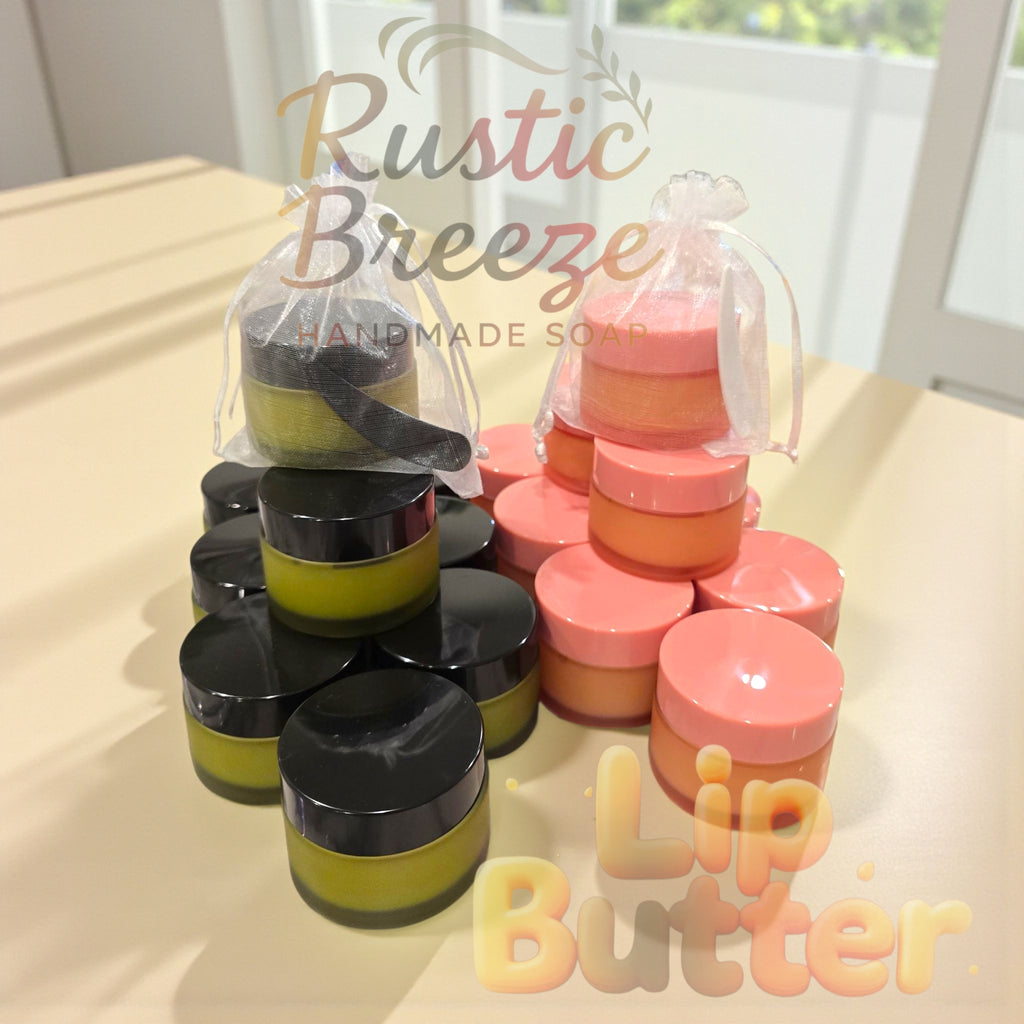 Rustic Breeze lip butter products in clear bags, handmade. Gentle • Calming • Nourishing.