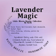 Lavender Magic soap label with visible ingredients and Rustic Breeze handmade soap.