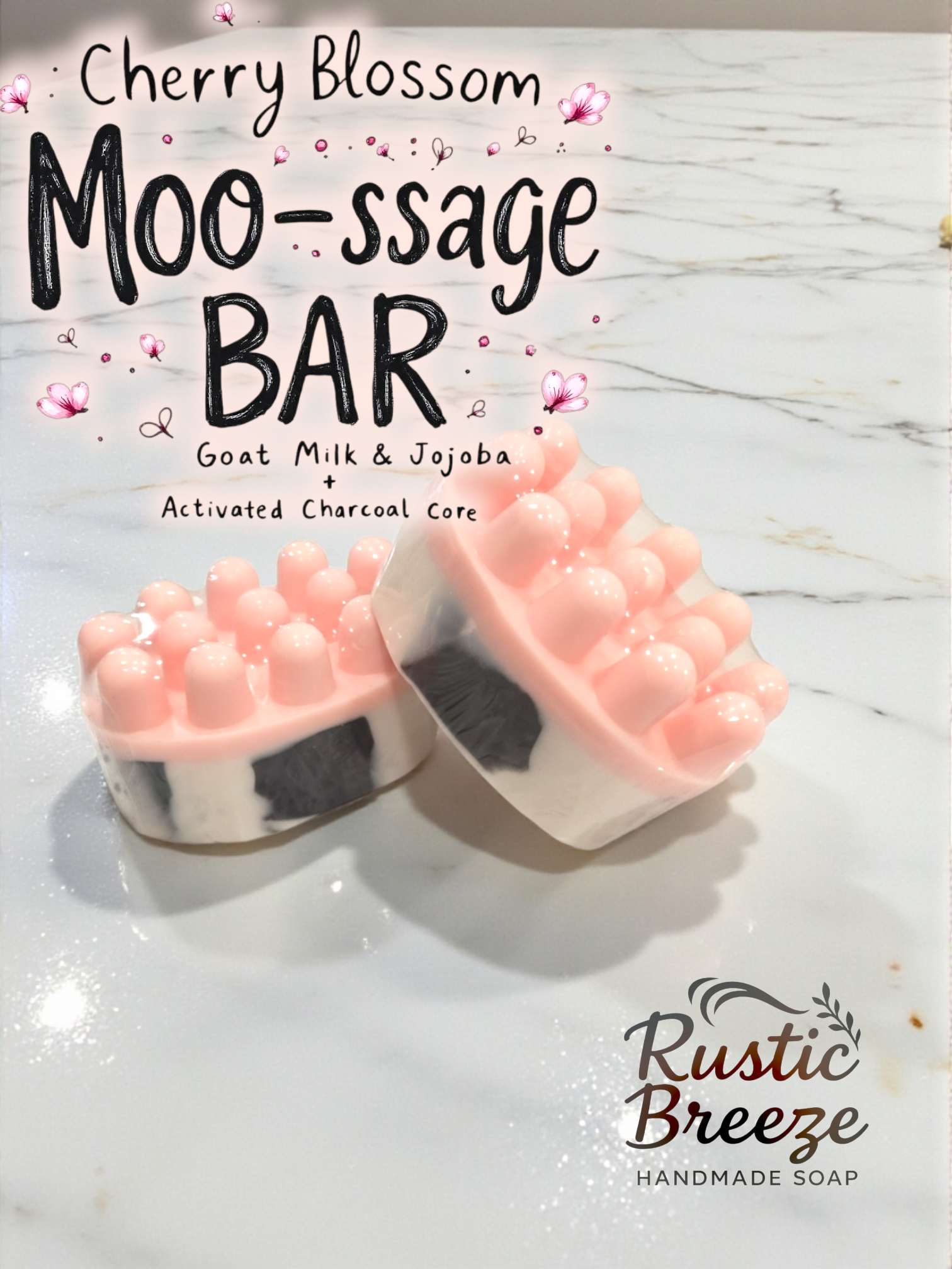 Cherry Blossom Moo-ssage Bar with Goat Milk & Jojoba. Rustic Breeze Handmade Soap.