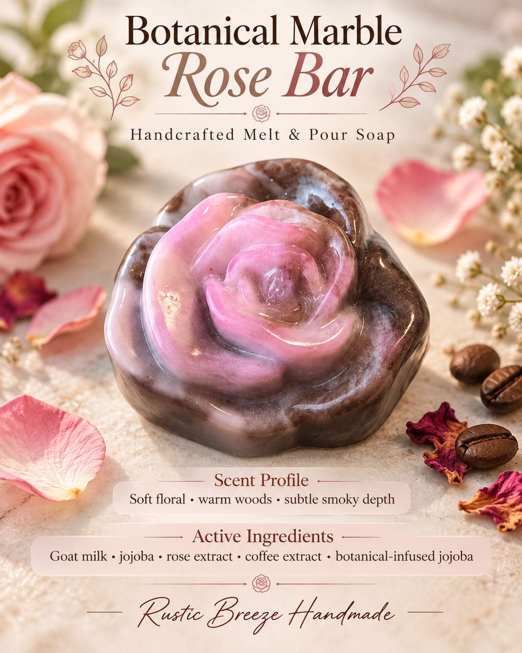 Botanical Marble Rose Soap | Goat Milk & Jojoba Artisan Bar