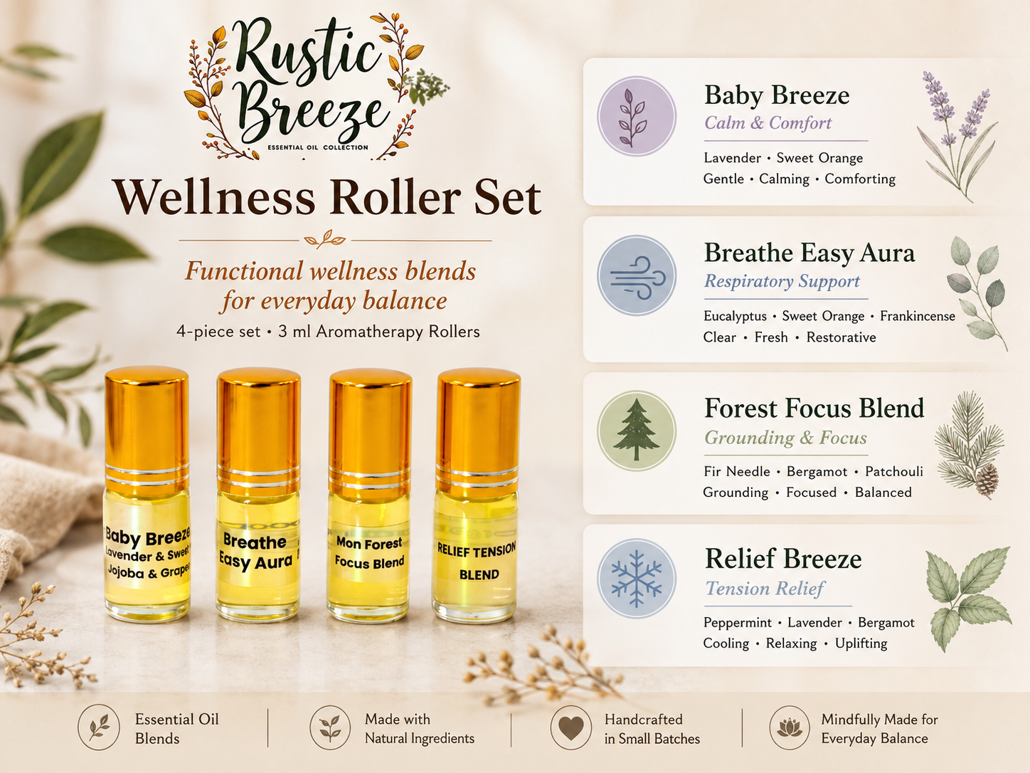 Rustic Breeze Essential Oil Rollers | 3 ml Aromatherapy Blends